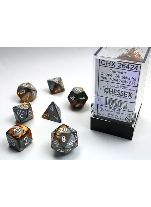Gemini 7-Die Set Copper-Steel / White Chessex Dice (CHX26424)