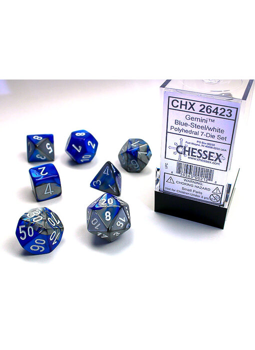 Gemini 7-Die Set Blue-Steel / White Chessex Dice (CHX26423)