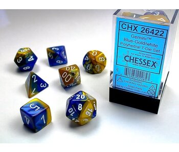 Gemini 7-Die Set Blue-Gold / White Chessex Dice (CHX26422)