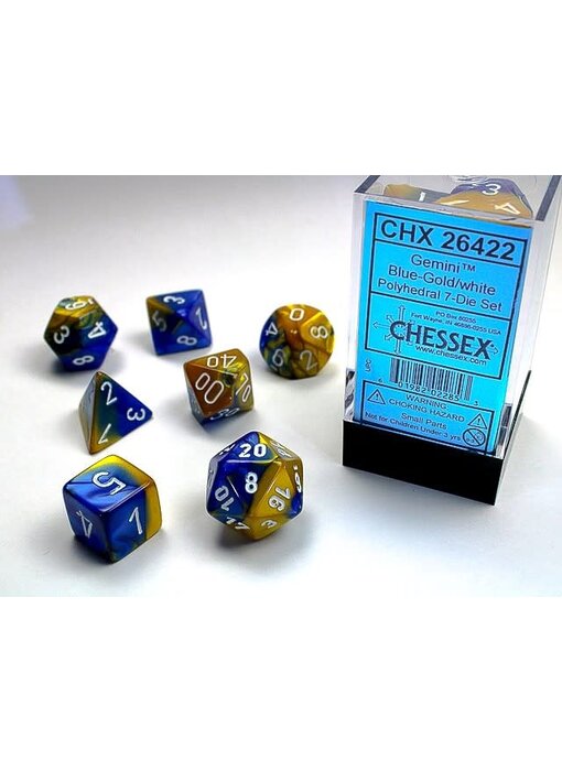 Gemini 7-Die Set Blue-Gold / White Chessex Dice (CHX26422)