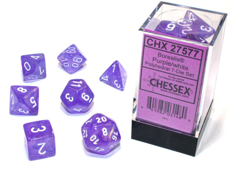 Chessex Borealis 7-Die Set Purple / White Luminary Chessex Dice (CHX27577)