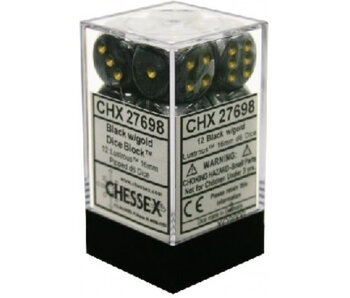 Lustrous 12 * D6 Black / Gold 16mm Chessex Dice (CHX27698)