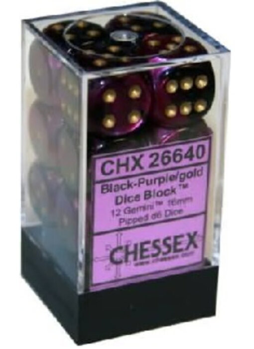 Gemini 12 * D6 Black-Purple / Gold 16mm Chessex Dice (CHX26640)