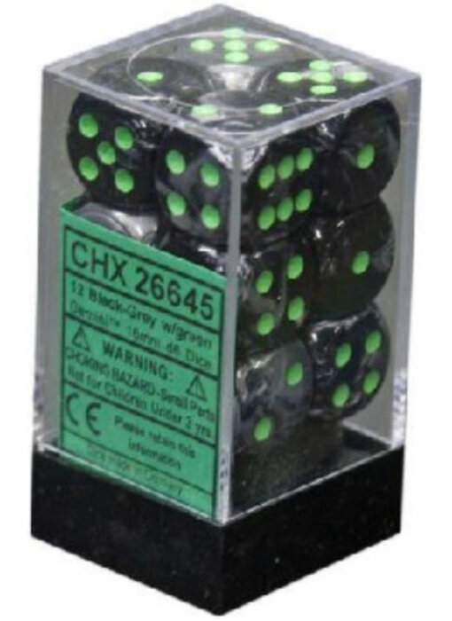 Gemini 12 * D6 Black-Grey / Green 16mm Chessex Dice (CHX26645)