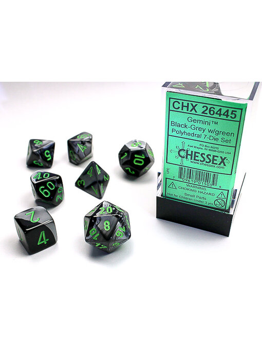 Gemini 7-Die Set Black-Grey / Green Chessex Dice (CHX26445)