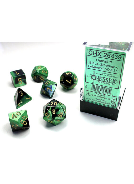 Gemini 7-Die Set Black-Green / Gold Chessex Dice (CHX26439)