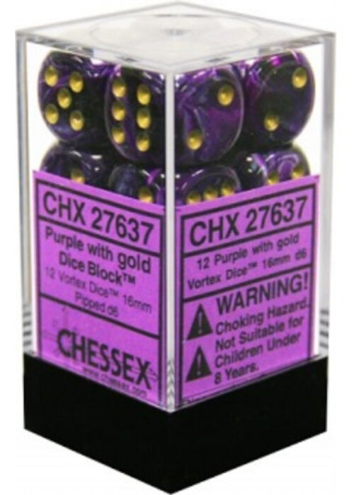 Vortex 12 * D6 Purple / Gold 16mm Chessex Dice (CHX27637)