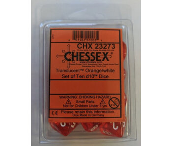 Translucent 10-Die Set D10 Orange W / White Chessex Dice (CHX23273)