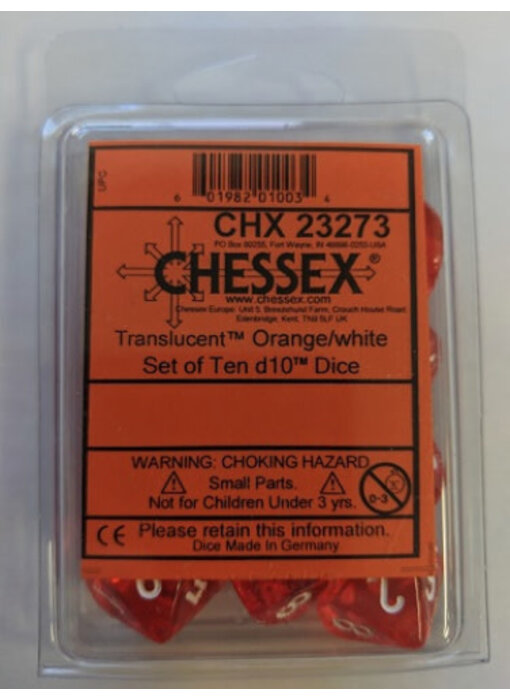 Translucent 10-Die Set D10 Orange W / White Chessex Dice (CHX23273)