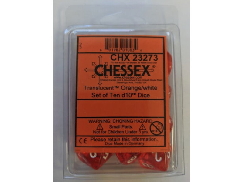 Chessex Translucent 10-Die Set D10 Orange W / White Chessex Dice (CHX23273)