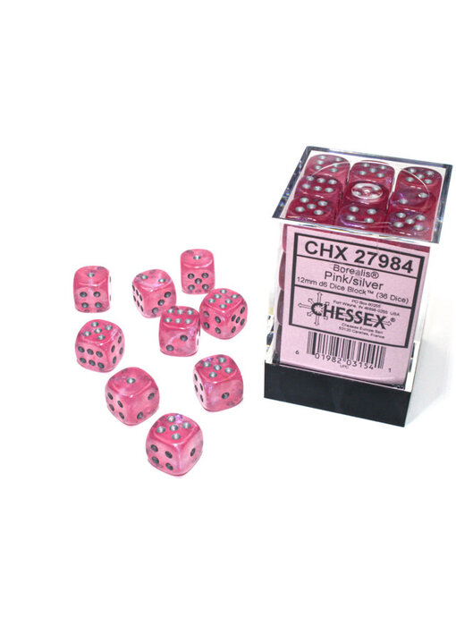 Borealis 36 * D6 Pink / Silver 12mm Luminary Chessex Dice (CHX27984)