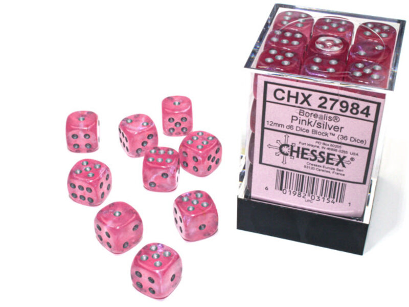 Chessex Borealis 36 * D6 Pink / Silver 12mm Luminary Chessex Dice (CHX27984)