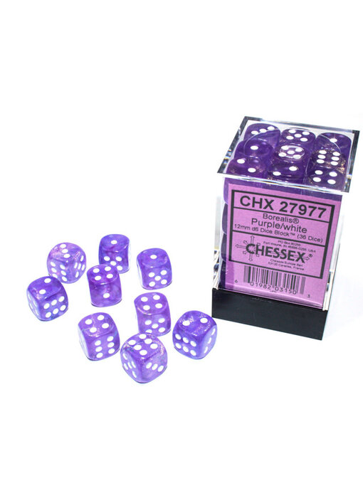Borealis 36 * D6 Purple / White 12mm Luminary Chessex Dice (CHX27977)