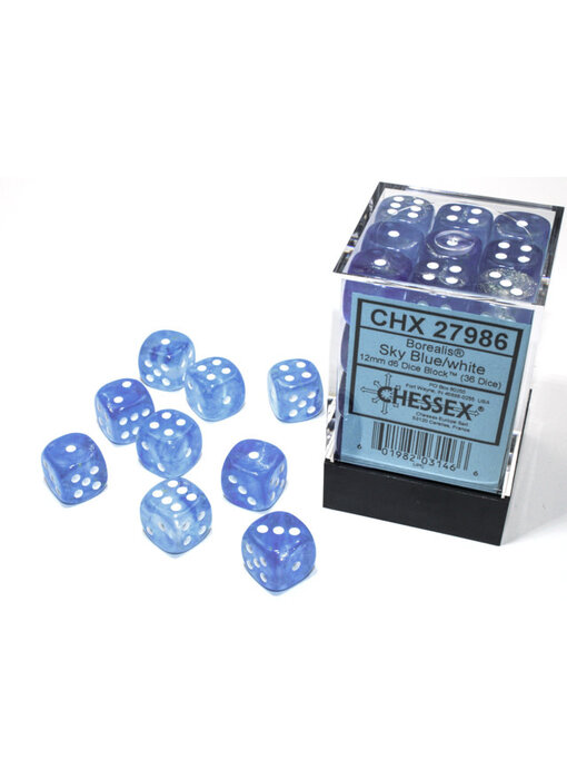 Borealis 36 * D6 Sky Blue / White 12mm Luminary Chessex Dice (CHX27986)