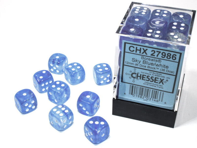 Chessex Borealis 36 * D6 Sky Blue / White 12mm Luminary Chessex Dice (CHX27986)