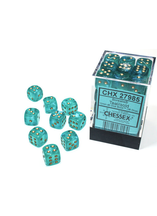 Borealis 36 * D6 Teal / Gold 12mm Luminary Chessex Dice (CHX27985)