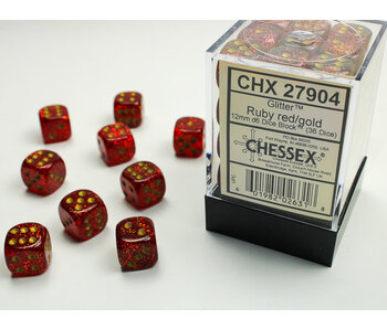 Glitter 36 * D6 Ruby / Gold 12mm Chessex Dice (CHX27904)