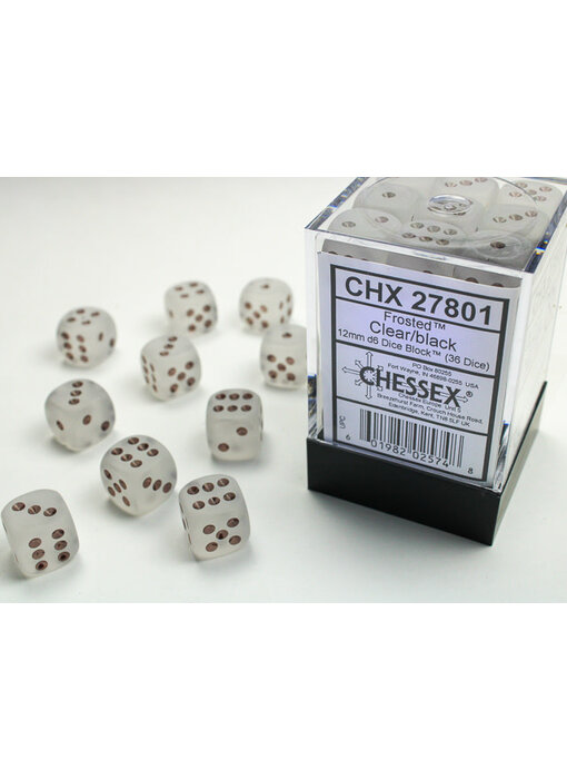 Frosted 36 * D6 Clear / Black 12mm Chessex Dice (CHX27801)