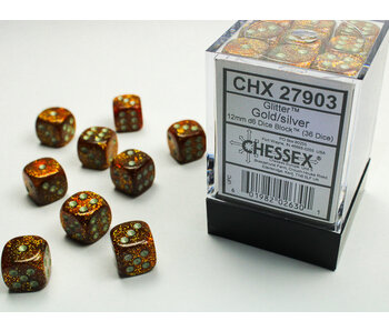Glitter 36 * D6 Gold / Silver 12mm Chessex Dice (CHX27903)