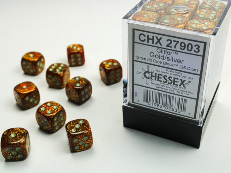Chessex Glitter 36 * D6 Gold / Silver 12mm Chessex Dice (CHX27903)