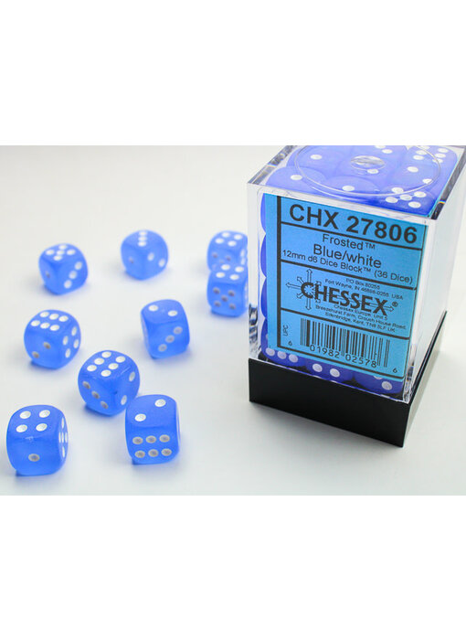 Frosted 36 * D6 Blue / White 12mm Chessex Dice (CHX27806)