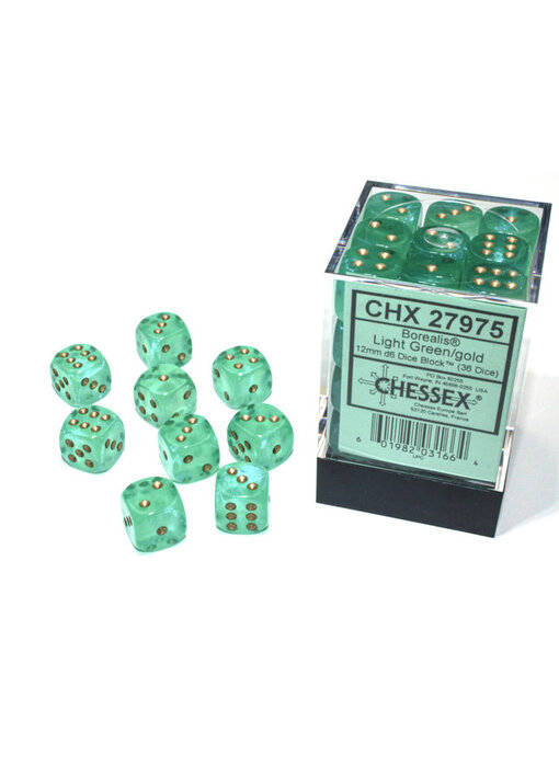 Borealis 36 * D6 Light Green / Gold 12mm Luminary Chessex Dice (CHX27975)