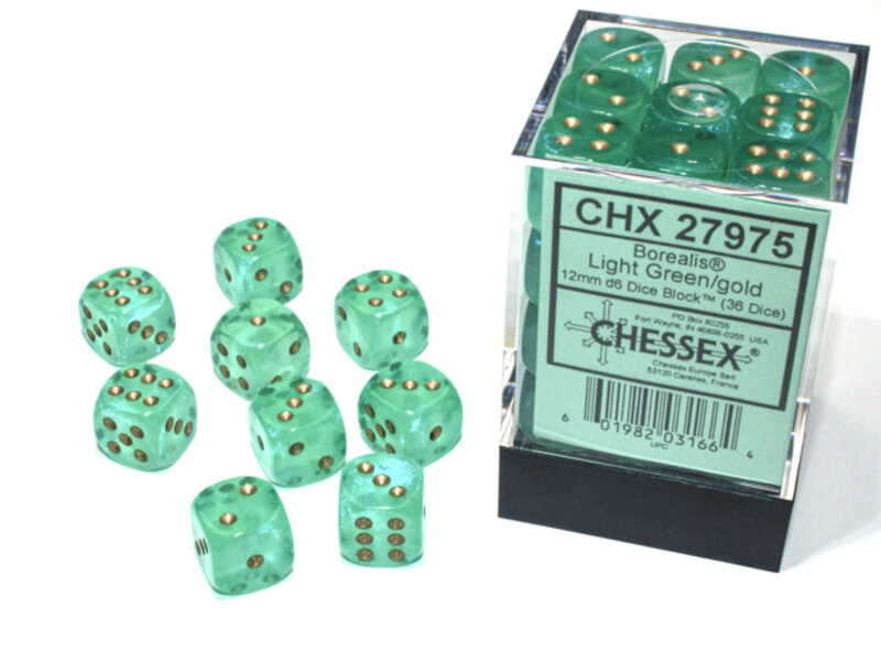Chessex Borealis 36 * D6 Light Green / Gold 12mm Luminary Chessex Dice (CHX27975)