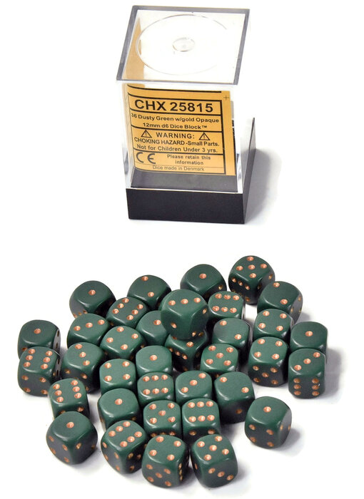 CHESSEX 36 Dusty Green With Gold Opaque 12mm d6 Dice Block #1