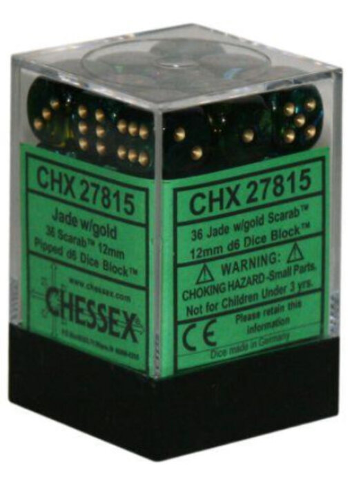 Scarab 36 * D6 Jade / Gold 12mm Chessex Dice (CHX27815)