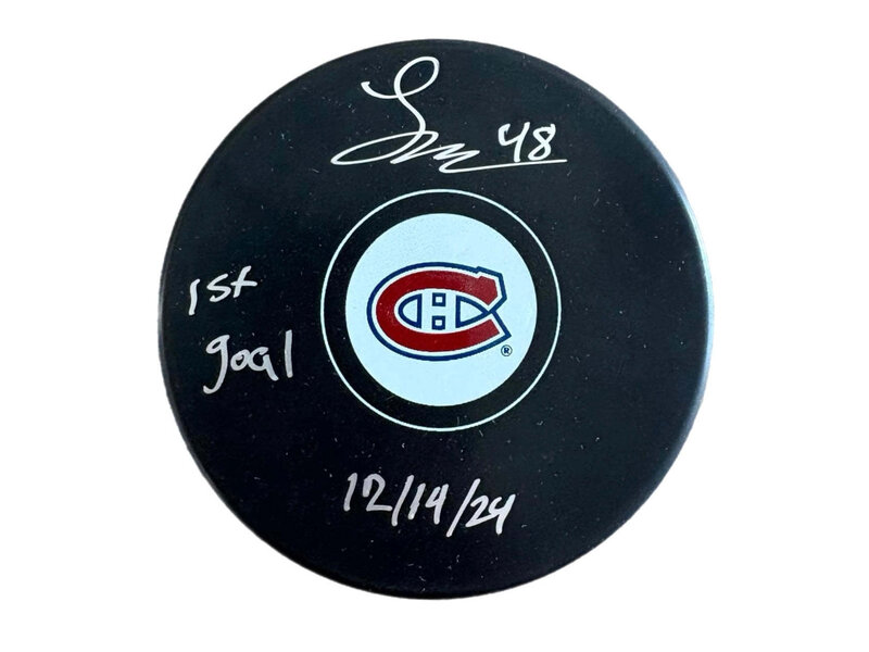 Lane Hutson Autographed & Inscribed Puck - Logo