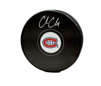 Cole Caufield Autographed Puck - Logo
