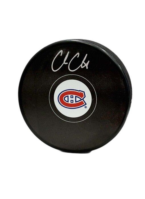Cole Caufield Autographed Puck - Logo