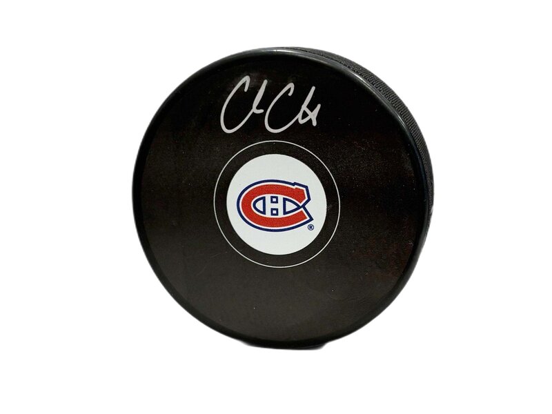 Cole Caufield Autographed Puck - Logo
