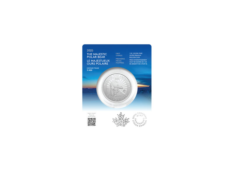 Monnaie Royale Canadienne 2025 The Majestic Polar Bear – 1 oz. $5 99.99% Pure Silver Coin (Premium Bullion)