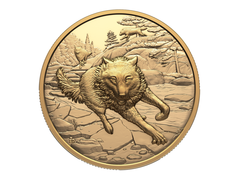 Monnaie Royale Canadienne Great Hunters: Grey Wolf – 1 oz. $200 Pure Gold Ultra High Relief Coin