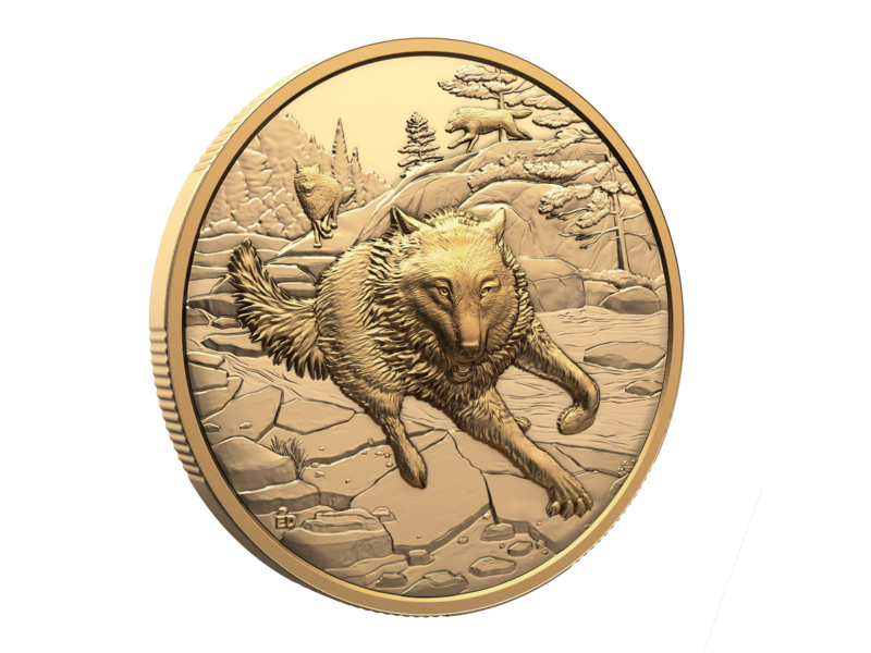 Monnaie Royale Canadienne Great Hunters: Grey Wolf – 1 oz. $200 Pure Gold Ultra High Relief Coin