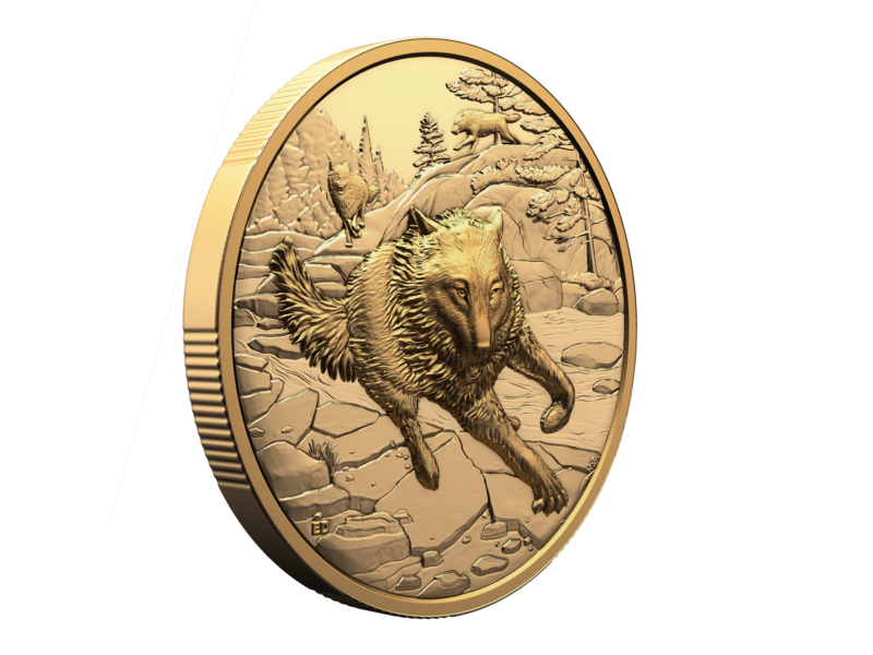 Monnaie Royale Canadienne Great Hunters: Grey Wolf – 1 oz. $200 Pure Gold Ultra High Relief Coin