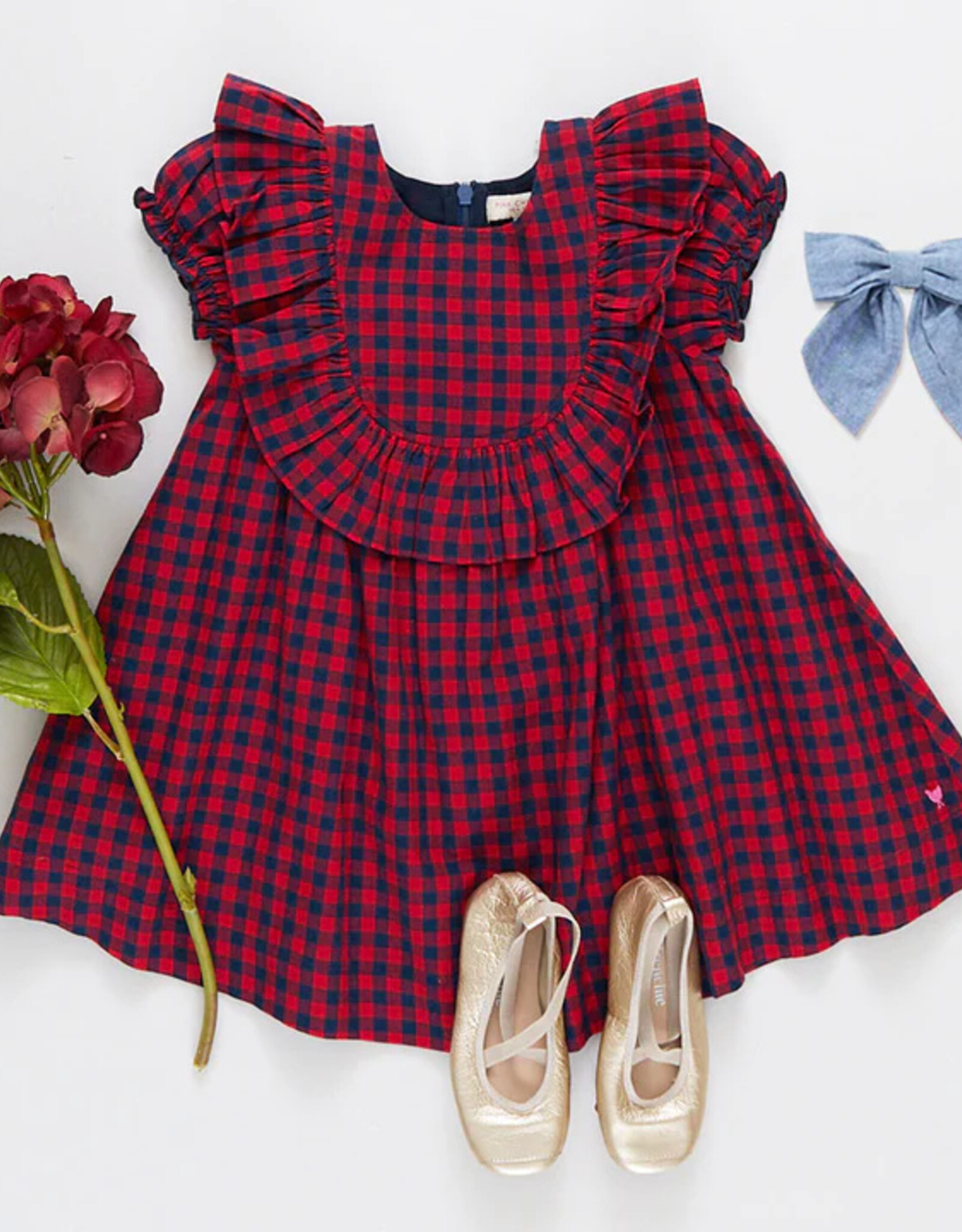 Pink Chicken girls brayden ruffle dress - navy/red gingham