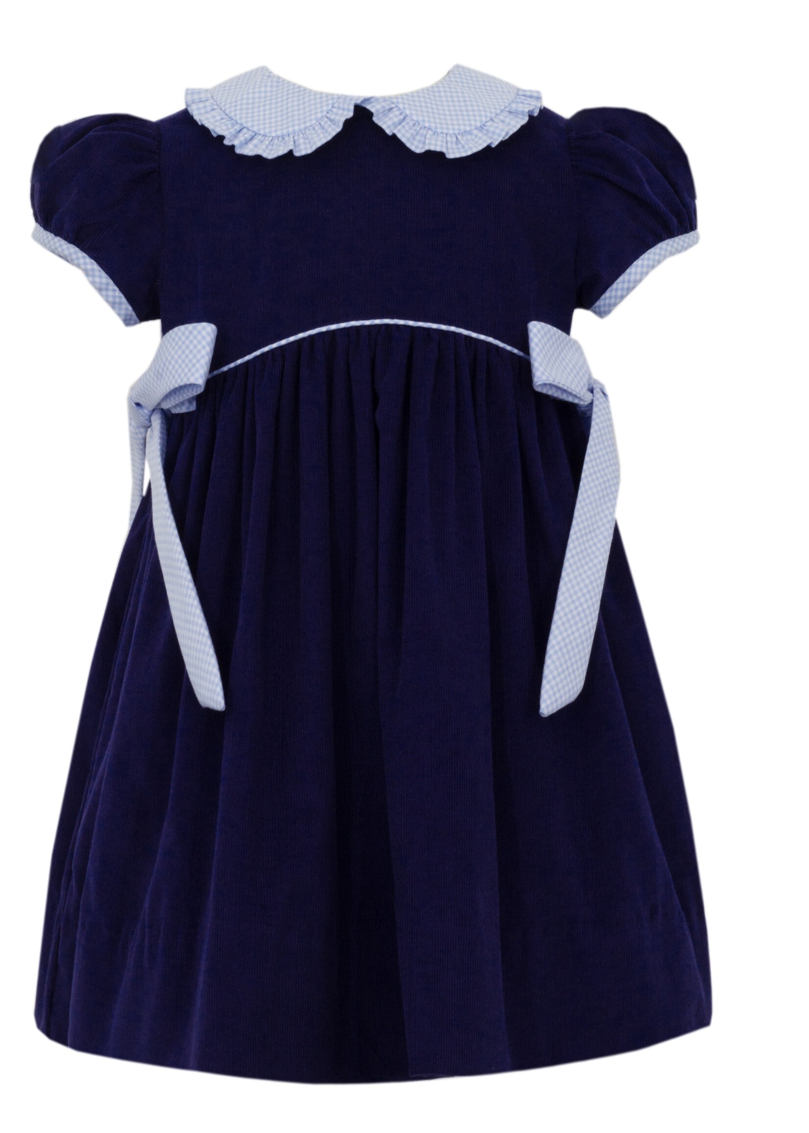 Petit Bebe Corduroy Dress w/ Lt.blue Gingham Side Bows Petit Bebe Corduroy Dress w/ Lt.blue Gingham Side Bows