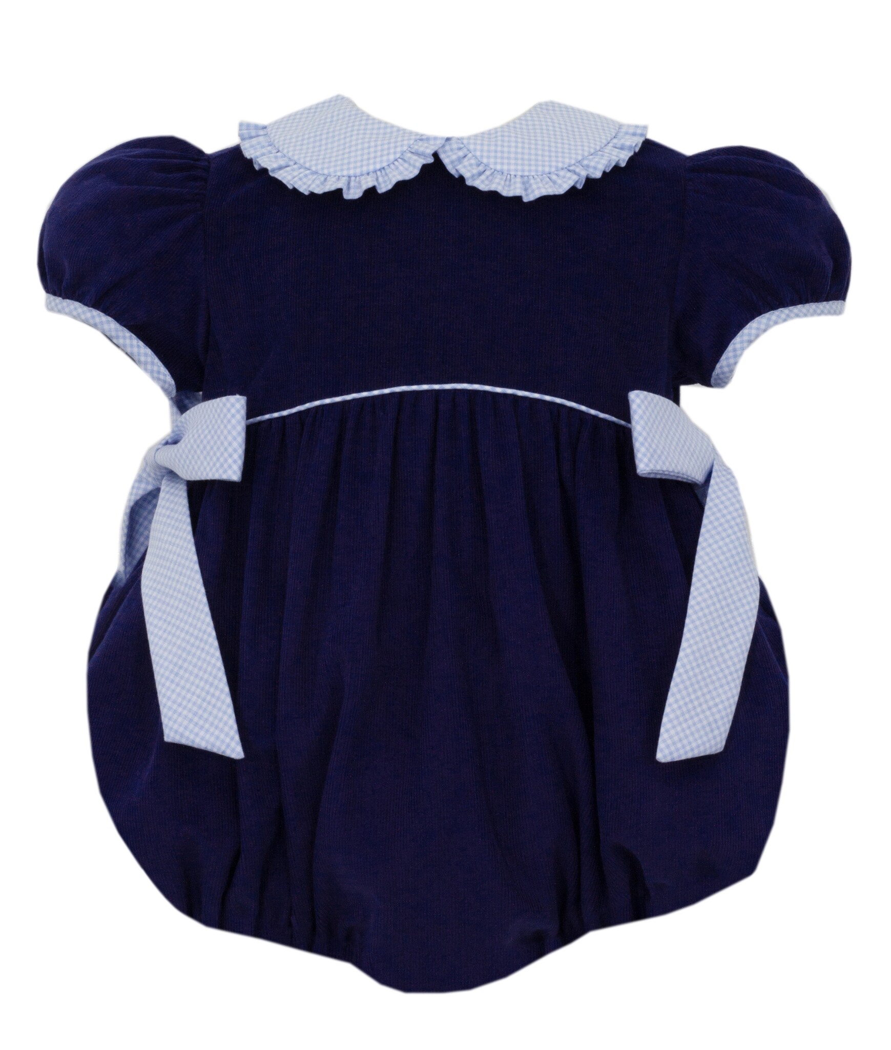 Petit Bebe Corduroy Bubble w/ Lt.blue Gingham Side Bows - From Marfa