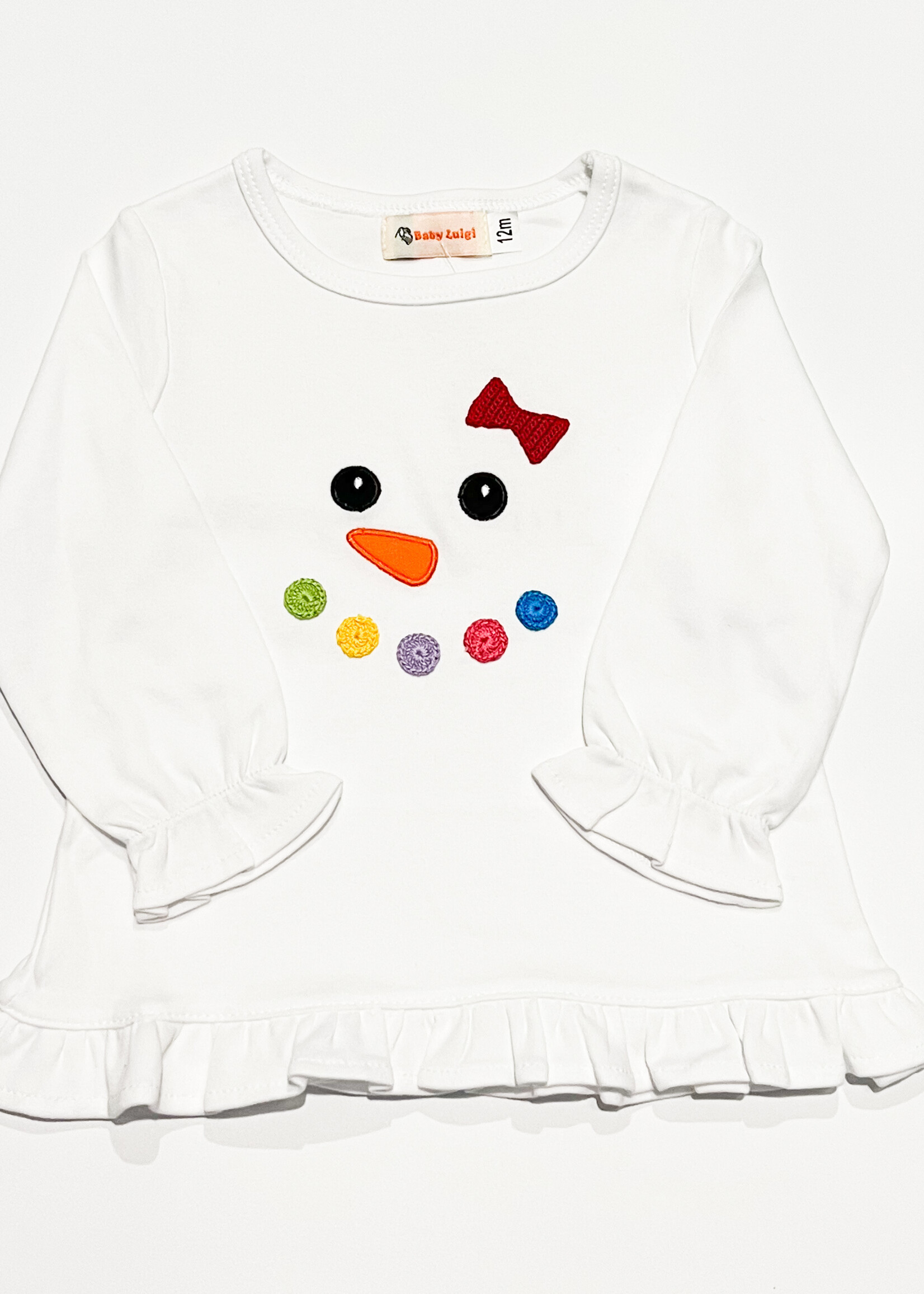 Luigi Kids Girls T-Shirt Ruffle L/S Snowman Face w/Bow