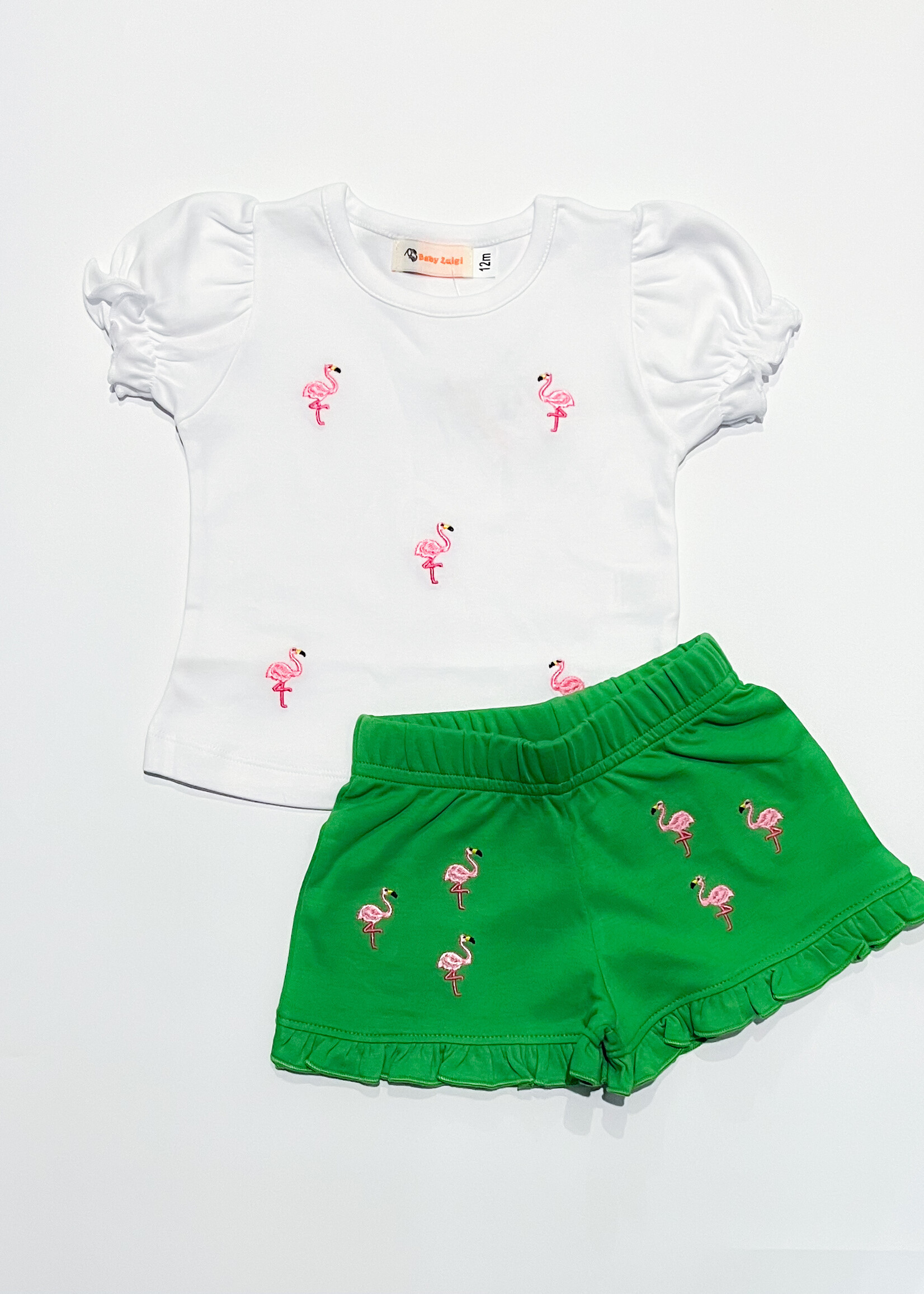 Luigi Kids Solid Shorts w/Ruffle Flamingos