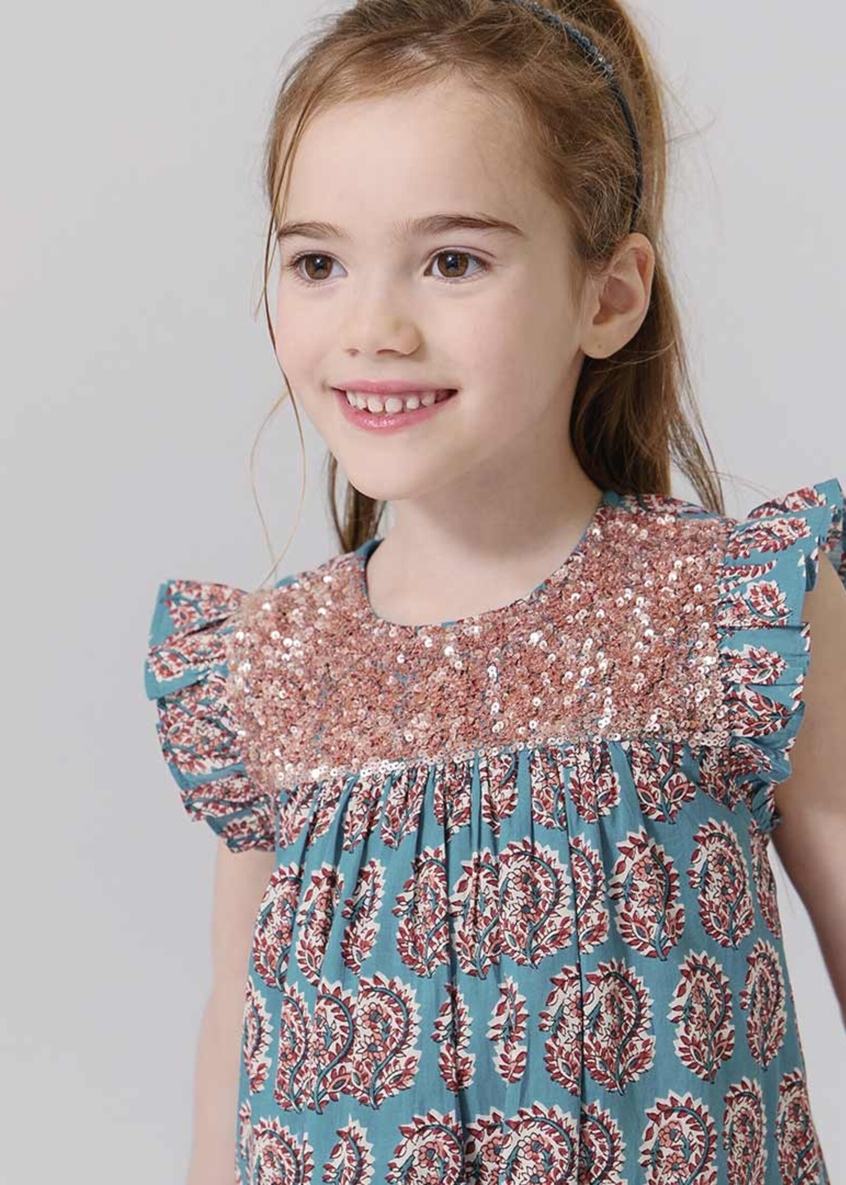 Pink Chicken girls fiona ruffle dress - blue paisley