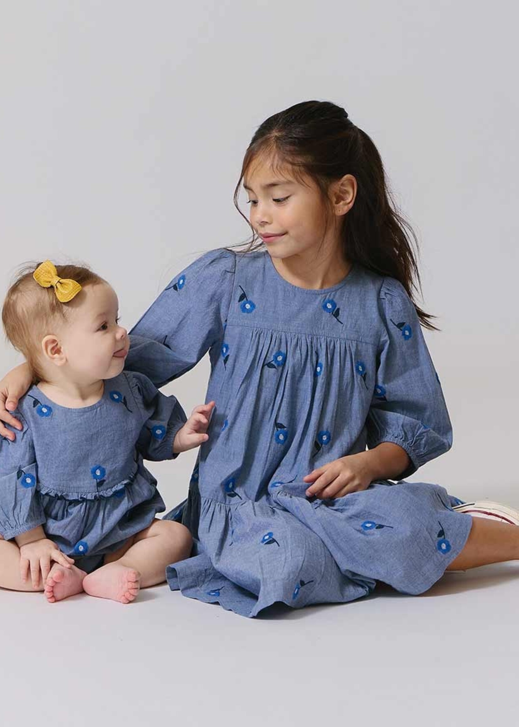 Pink Chicken girls fiona dress - blue blossom embroidery