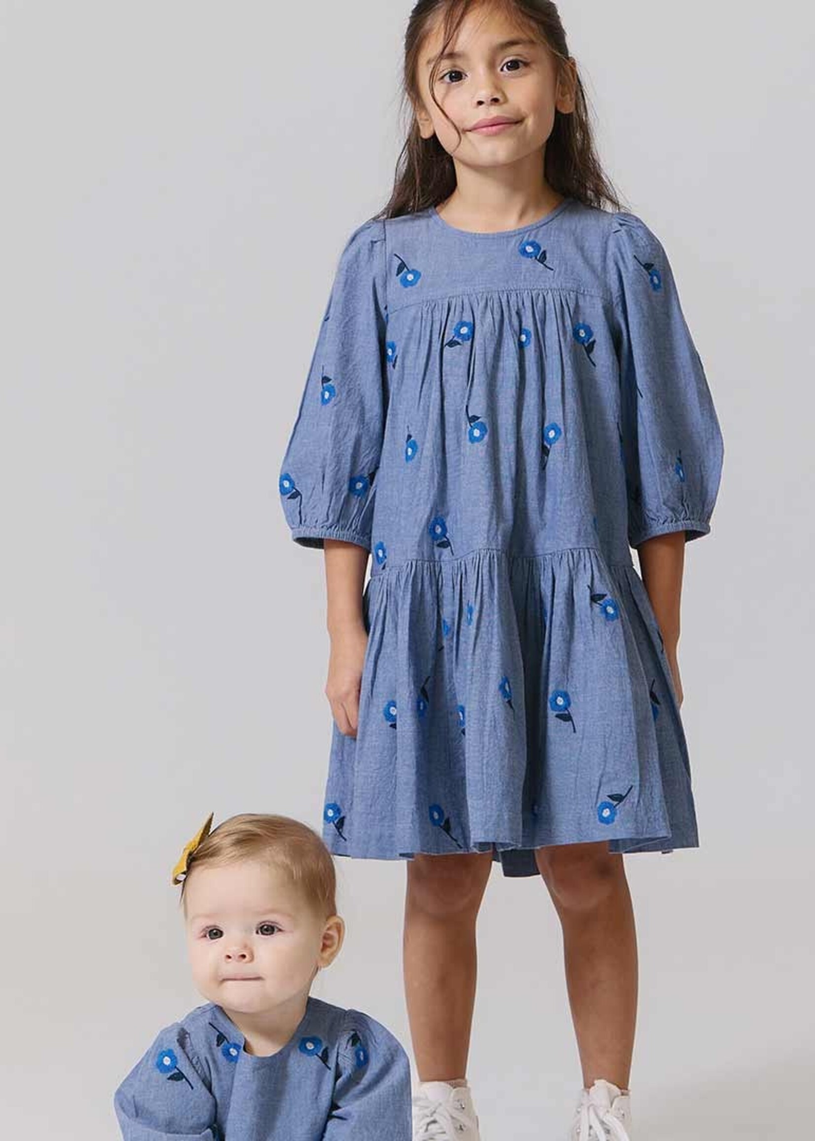 Pink Chicken girls fiona dress - blue blossom embroidery