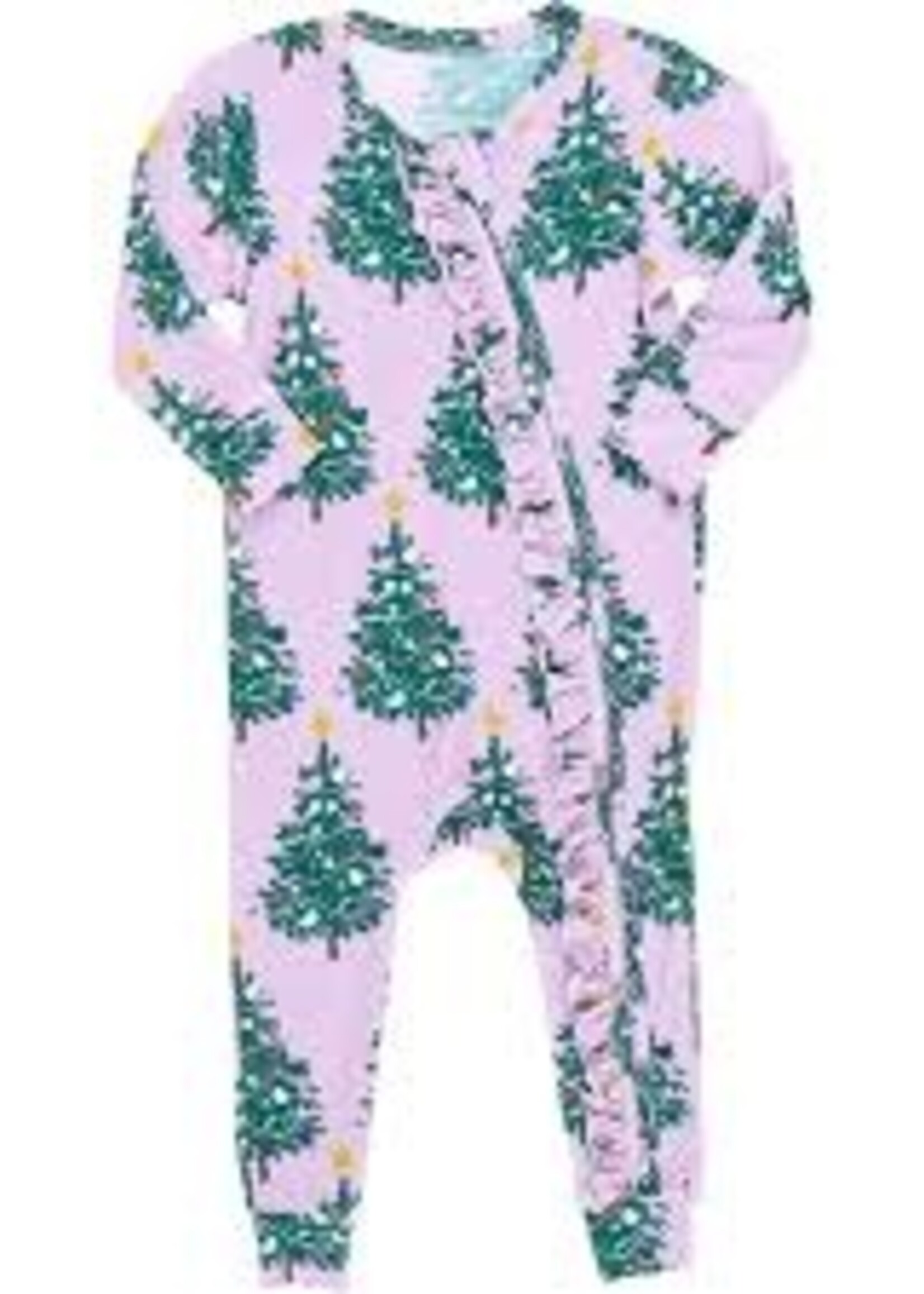Pink Chicken baby girls bamboo ruffle romper - purple flocked tree