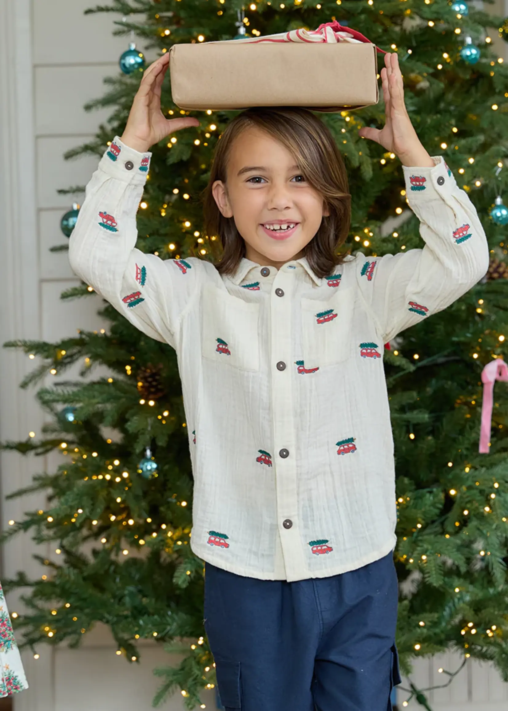 Pink Chicken boys jack shirt - tree farm embroidery