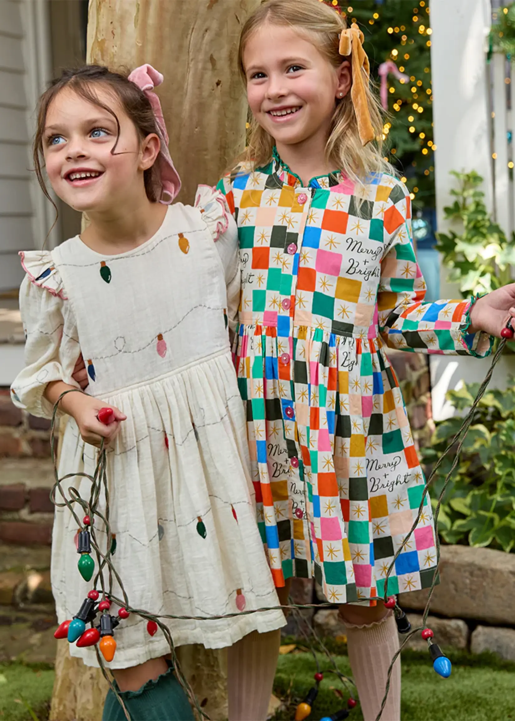 Pink Chicken girls embroidery brooke dress - christmas lights