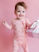 Pink Chicken baby ruffle bamboo romper - candy cane bows