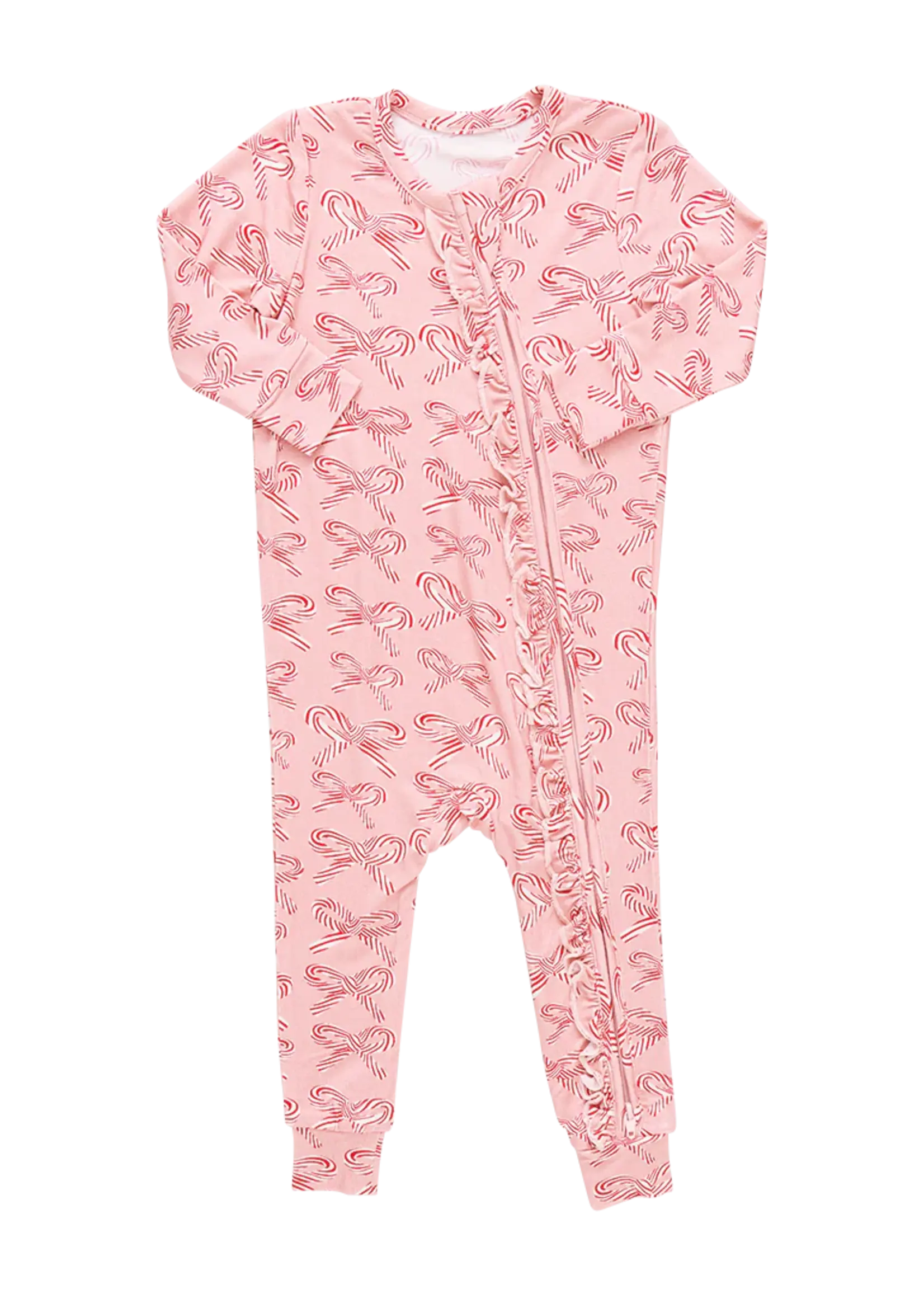 Pink Chicken baby ruffle bamboo romper - candy cane bows